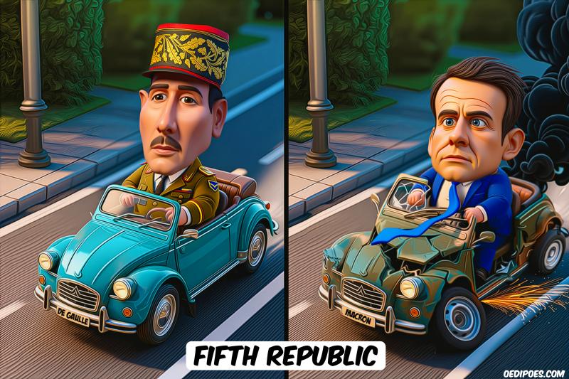 De Gaulle and Macron riding 2CV