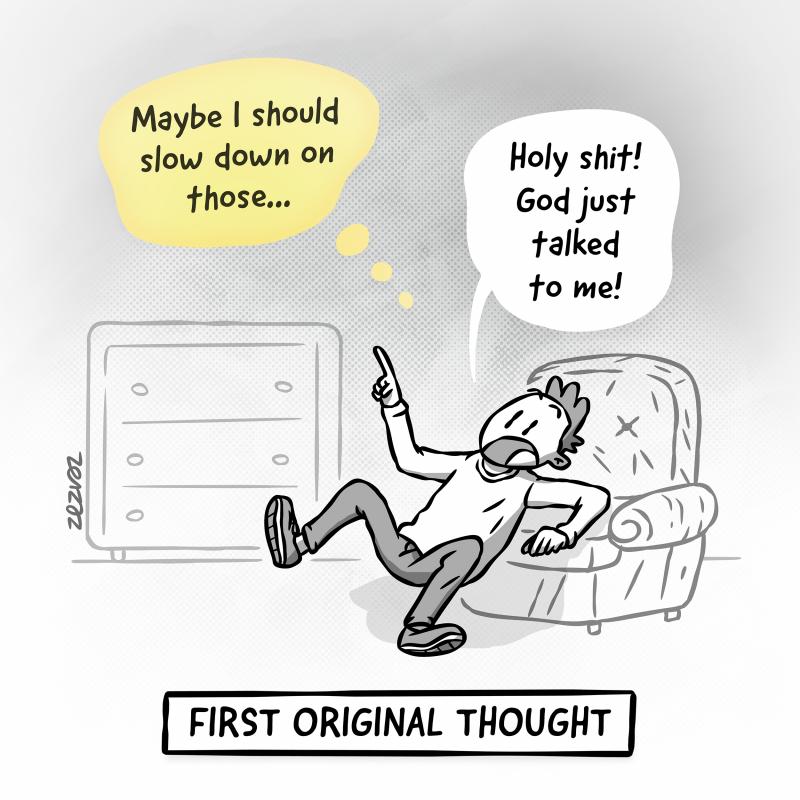 A single-panel cartoon by Zez Vaz titled 'First Original Thought.' A man stands in his home looking startled and afraid, staring at a thought bubble above his head that reads 'Maybe I should slow down on those...' A speech bubble shows him exclaiming 'Holy shit! God just talked to me!'