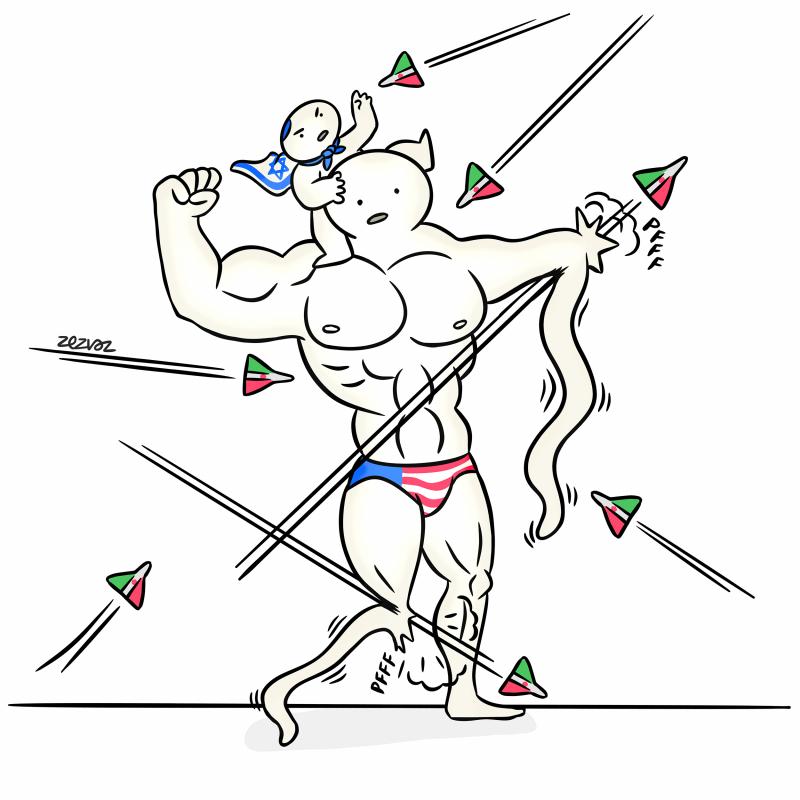 Cartoon by Zez Vaz depicting a strong balloon character with USA shorts with a smaller character with an Israel flag on his back. Iranian drones are flying in all directions hitting the main character making him lose air like a balloon.