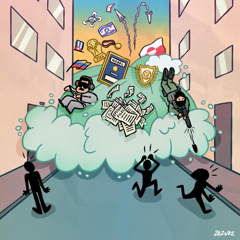 Cartoon by Zez Vaz depicting a street being flooded by a wave with objects like the Nobel Peace Prize, Greenland flag, President Maduro, an ICE agent, among other things. People are running away on the street.