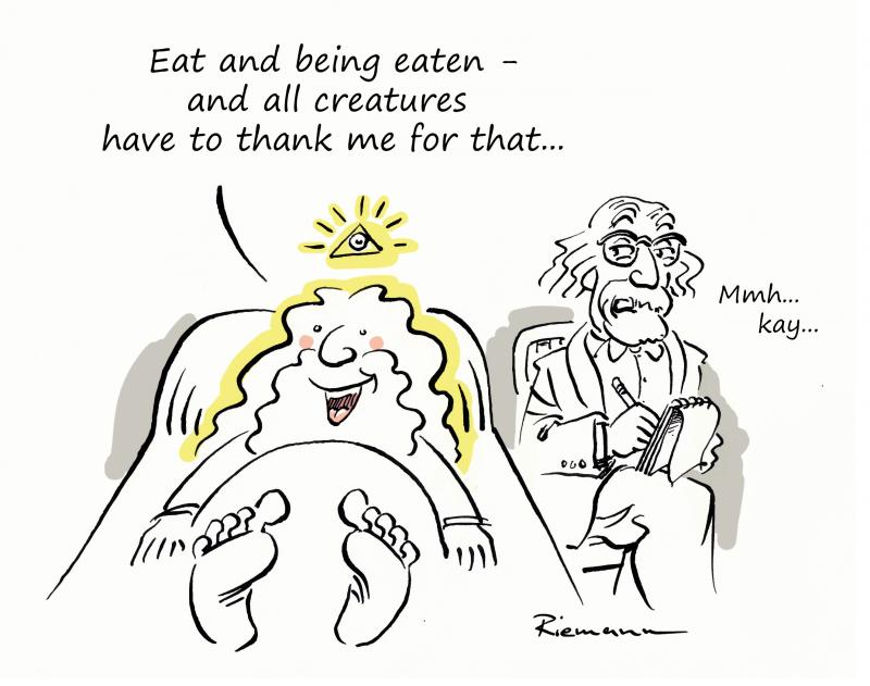 God on the psychiatrist's couch, explaining the meaning of life.