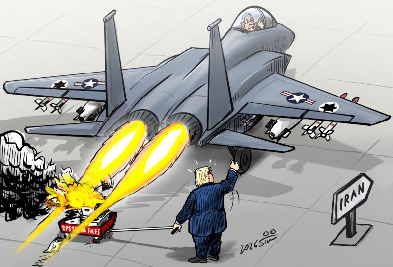 Cartoon showing cart full of Epstein Files burning behind a US-Israeli F15 Fighter Jet performing Full throttle on the ground with Netanjahu sitting in pilot's seat and Trump holding the cart.