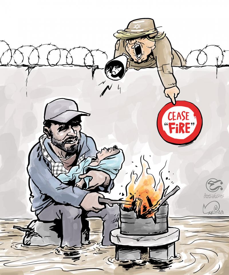 A Palestinian father holding his frozen baby and making fire in chilling weather. there is a wall behind him. An israeli soldier from other side, looking like trump, shouts at him and points to a sign on the wall that says "cease FIRE"