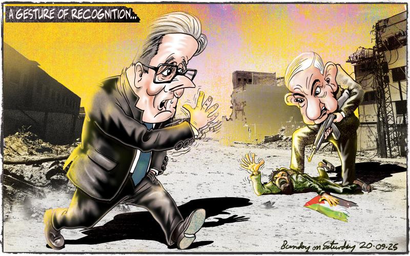 Cartoon showing UK leader Keir Starmer walking by Netanyahu, who is standing with one foot on a person with a Palestinian flag, pointing a gun downwards at his head. The Palestinian is waving desperately for attention. Starmer gives a little wave back as he hurries along.