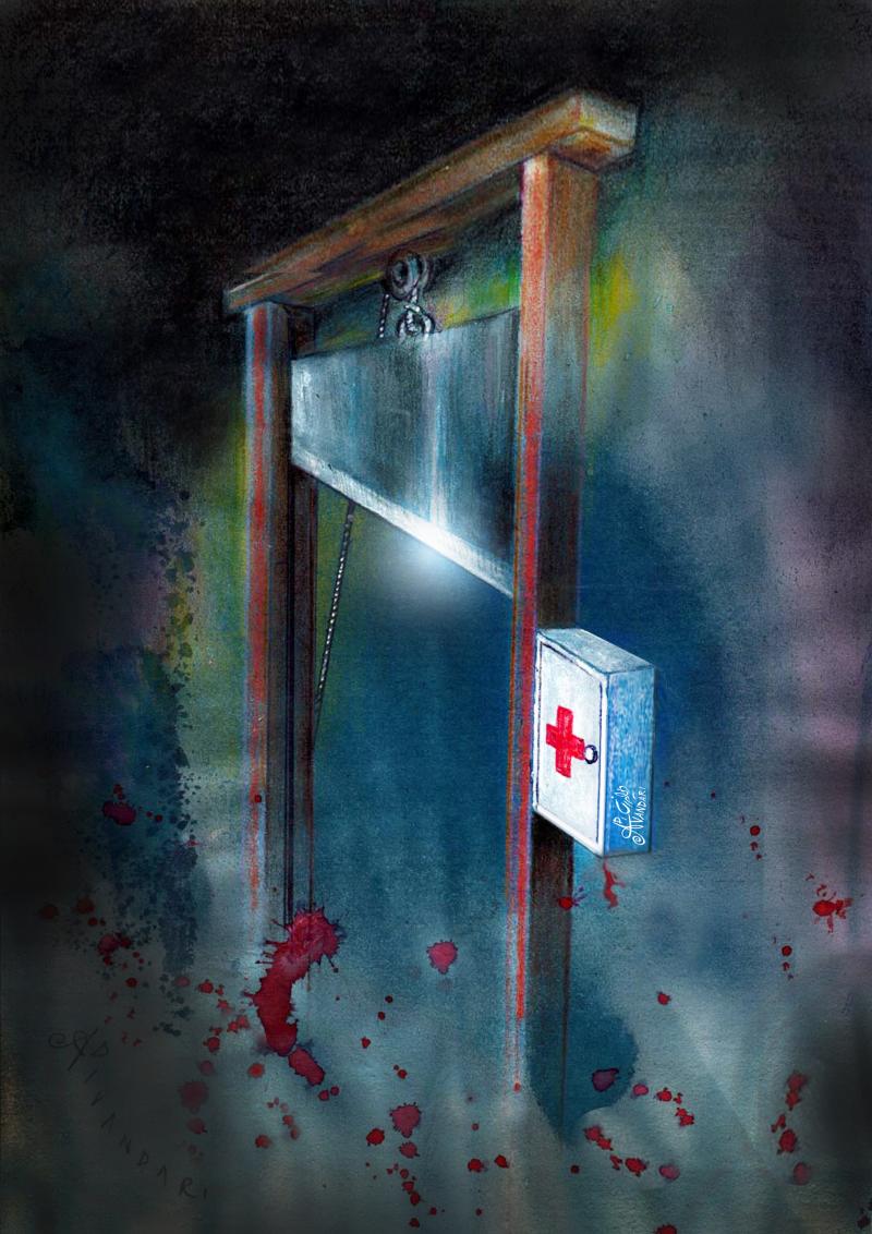 a first aid kit next to a Guillotine. cartoon by Ali Divandari, All Rights Reserved.