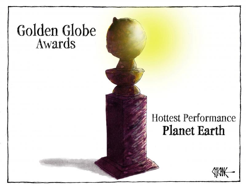 A glowing Golden Globe Award is presented to Planet Earth for the 'Hottest Performance.'