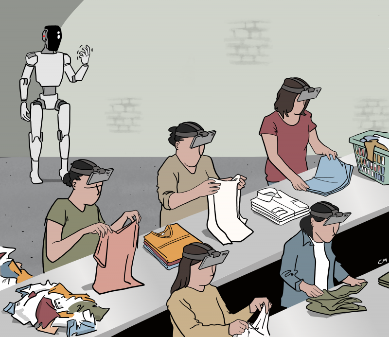 Several workers wear head-mounted cameras while manually folding clothes at a long table, while a humanoid robot stands idly in the background.