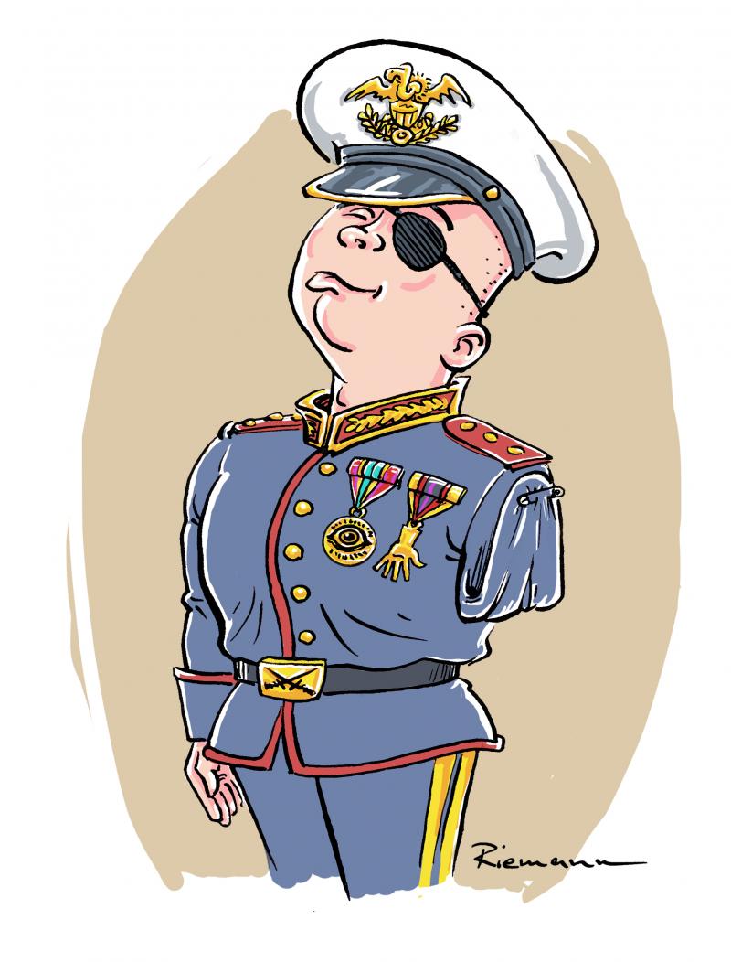 Cartoon showing a young war hero decorated with medals of his arm and eye he lost in battle.