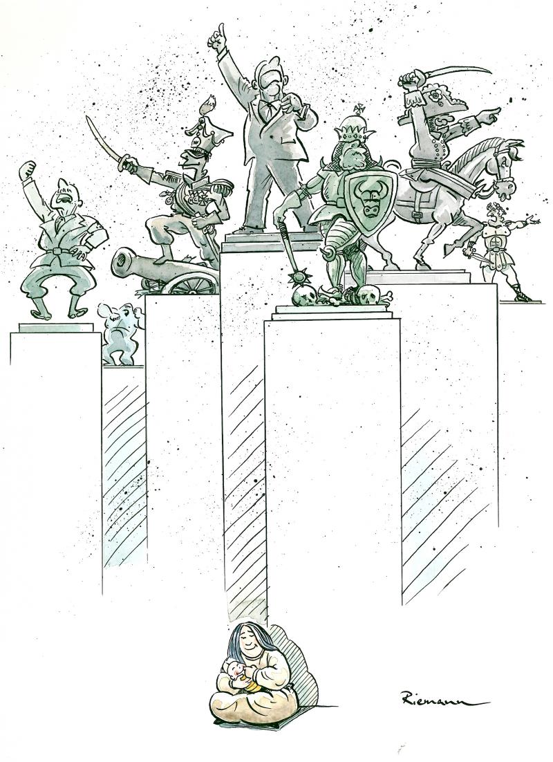 International Women's Day - A mother in the shadow of man hero statues.