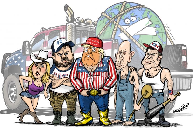Members of Trump administration looking like a bunch of rednecks with the World kidnapped on their Pickup truck bed.