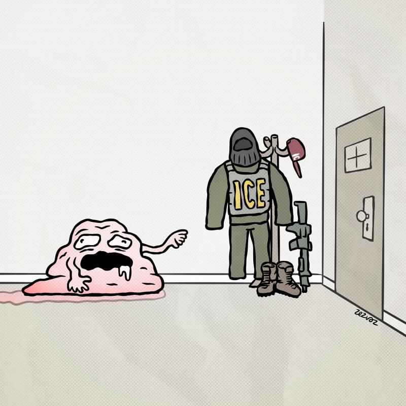 Cartoon by Zez Vaz depicting a little monster getting ready to put his ICE uniform and leave the house.