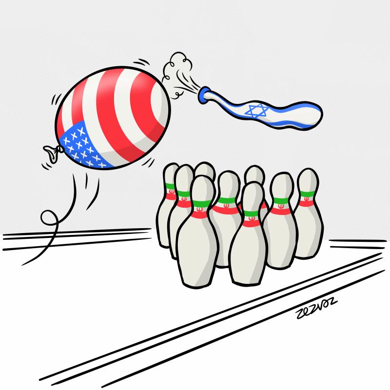 Cartoon by Zez Vaz depicting bowling pins with the flag of Iran and two balloons coming their way: the USA inflated and Israel passing by, already deflated.