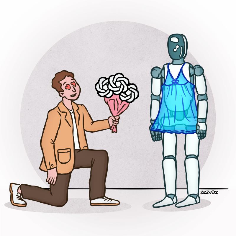 Cartoon by Zez Vaz depicting a man with flowers shaped as ChatGPT's logo, kneeling in front of a humanoid robot in a sleeping dress.