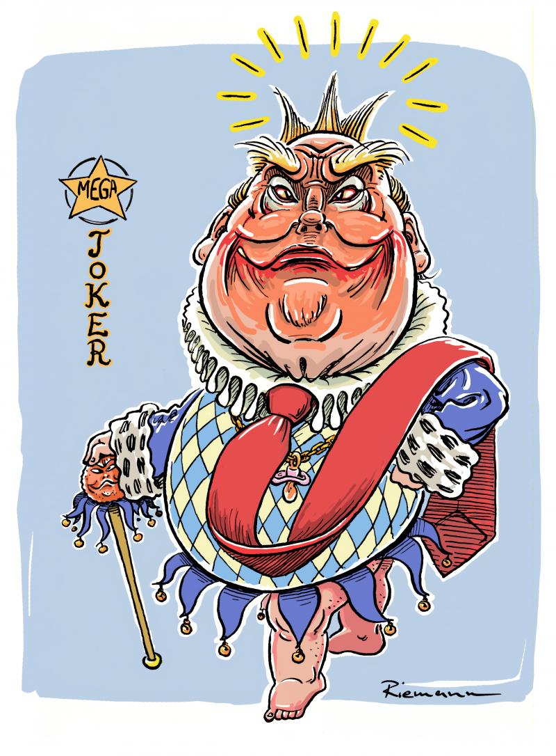 Donald Trump  as the Joker and king Louis 14 in one person.
