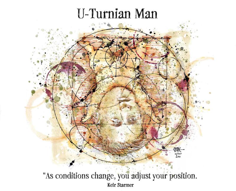British PM, Sir Keir Starmer as DaVinci's 'Vitruvian Man' in an upside down stance with the quote,"As conditions change, you adjust your position." Title caption: 'U-Turnian Man.'