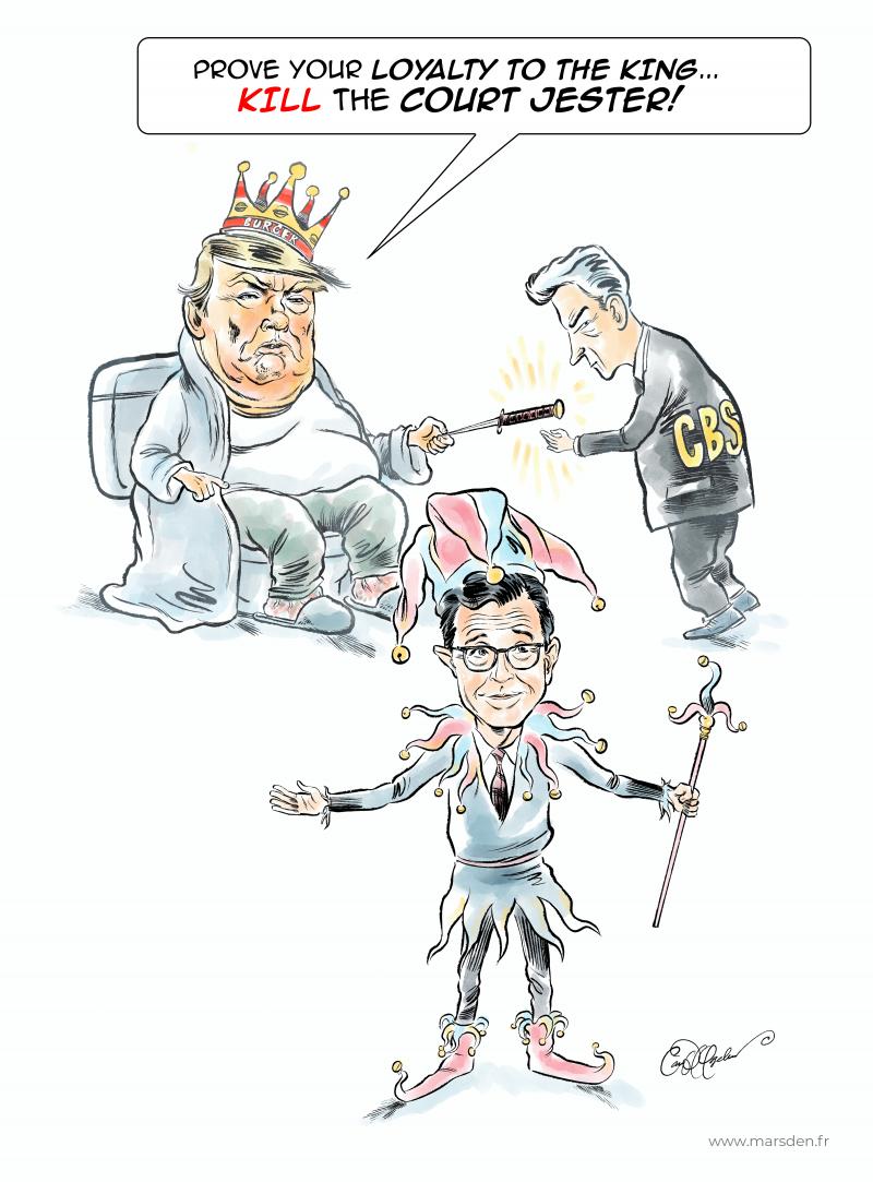 A bloated Donald Trump, adorned in a crooked Burger Restaurant crown and wrapped in a royal bathrobe, sits smugly on a throne-like armchair. With one hand, he lazily hands a glowing dagger to a nervous executive in a CBS suit. The executive approaches a smiling Stephen Colbert, dressed head-to-toe in jester garb — bells, scepter and all — oblivious or defiant, arms open as if to say, “What took you so long?” The silent message is clear: the King demands his laughs be loyal, or not at all.