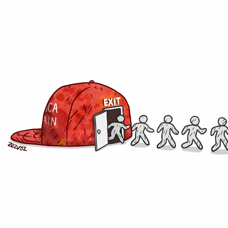 Cartoon by Zez Vaz depicting a mouldy MAGA hat with a line of people exiting through the backdoor.