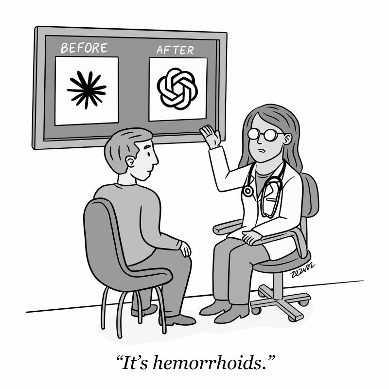 Cartoon by Zez Vaz depicting a doctor and patient with a board on the wall with a "before" logo that looks like an asterisk and another that resembles a puffed asterisk. Doctor points at "after" logo and says: "It's hemorrhoids." 