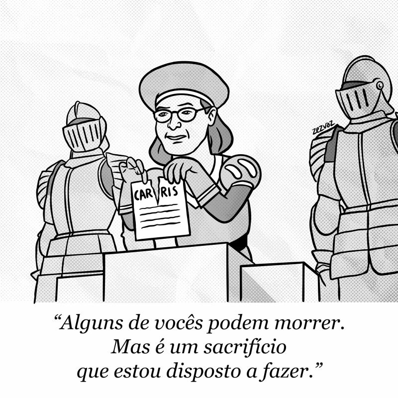 Cartoon by Zez Vaz depicting Mayor of Lisbon, Carlos Moedas, dressed as Shrek's Lord Farquaad, tearing a paper that reads "Carris". Caption reads (in Portuguese): "Some of you may die. But it's a sacrifice I am willing to make."