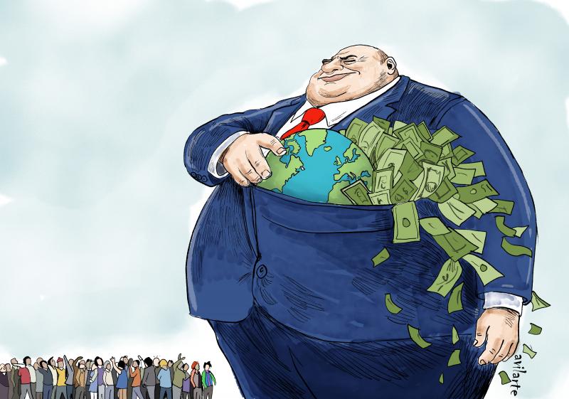 Cartoon showing a giant businessman. The breast pocket of his suit contains the earth and is also overflowing with bills of money; a crowd of tiny people is standing in front of him, looking up.