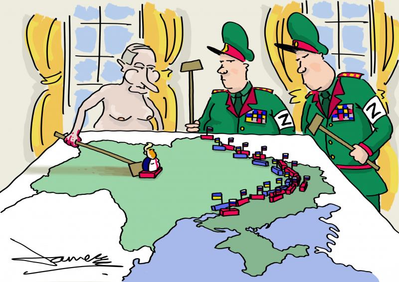Cartoon showing Putin and two military officers standing at a table with a large map of Ukraine on it. Pawns with Russian and Ukrainian flags are placed where the front currently is. Putin is shoving a pawn shaped like Donald Trump towards the front line.