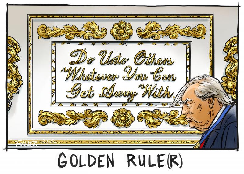 Trump walking past gold plaque