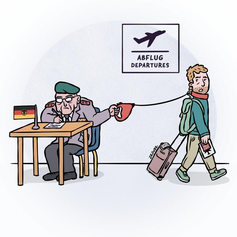 Cartoon by Zez Vaz depicting a scene in the departures section of a German airport with a military general holding a dog leash and a German military-aged male going on vacation, suspicious, wearing a dog colar around his neck.