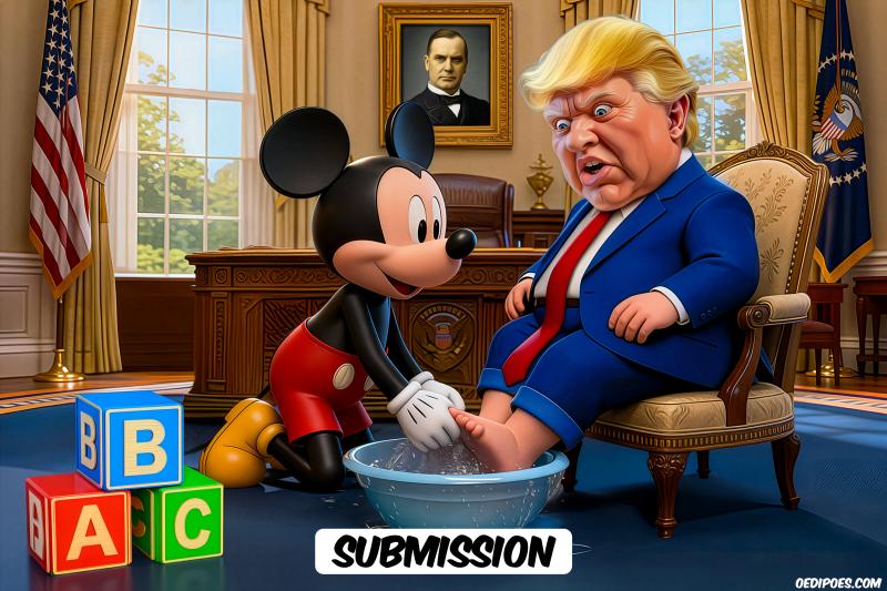 Mickey Mouse washing Trump's feet