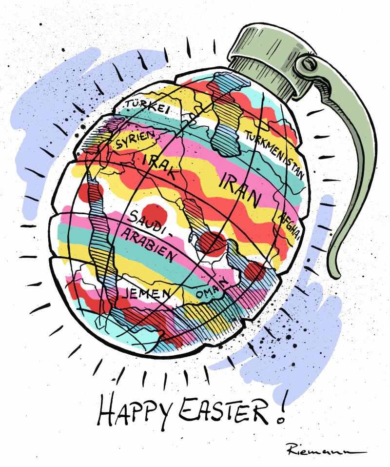 A hand grenade with the map of the middle east on it, looking like an easter egg.