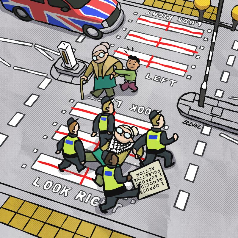 Cartoon by Zez Vaz depicting a London street. An old lady and a boy cross the street opposite to four policemen snatching an old lady with a keffiyeh and a sign that reads "I oppose genocide, I support Palestine action".