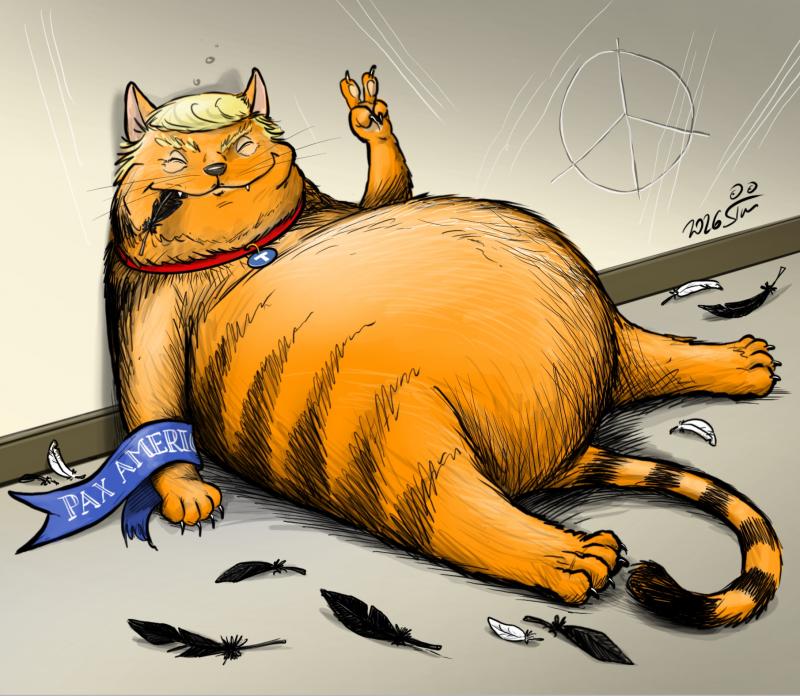 Pax Americana replaced by Pax Trumpiana. An orange cat swallows the American eagle. 