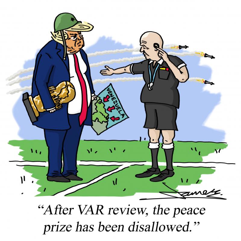 Gianni Infantino, dressed as a referee, confiscates Donald Trump's "FIFA Peace Prize" following US strikes on Venezuela. 