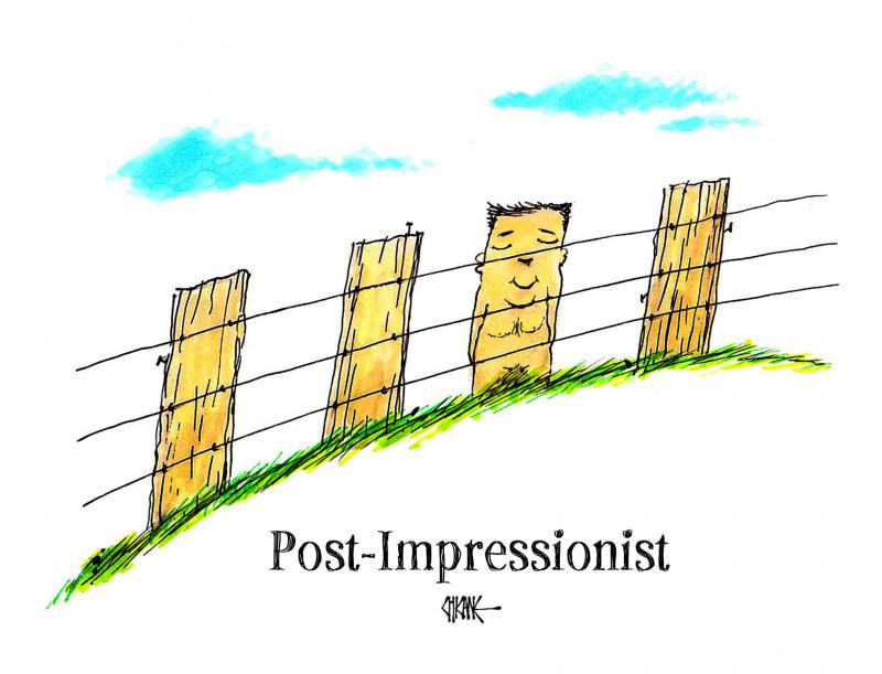 Human 'fence post' amongst wooden posts in a fence, with caption "Post-Impressionist."