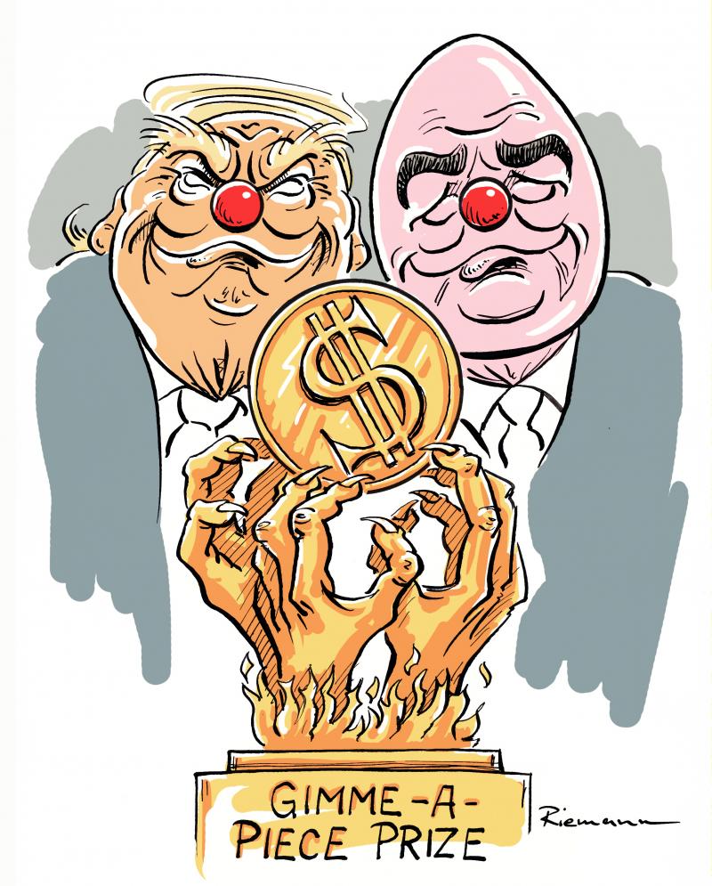 Trump and Infantino as Clowns with Peace Prize Trophy.