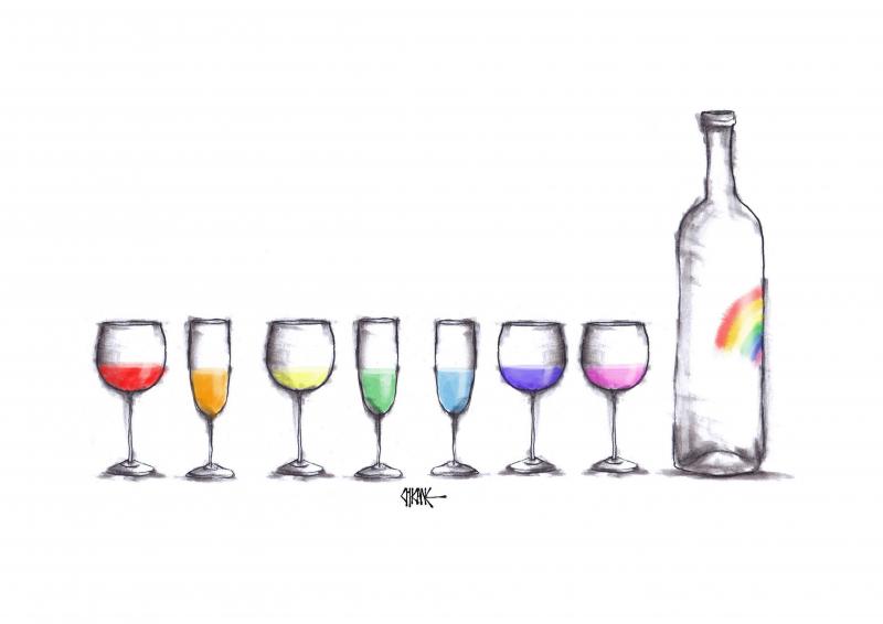 An empty wine bottle with a rainbow label and seven filled glasses, each with a different spectrum colour. 