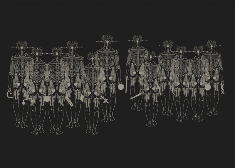 Twelve people walk in two groups with their backs turned, heading toward an unknown destination. They carry a mix of religious and scientific symbols. The viewer sees them from behind, suggesting we are following the same path.
