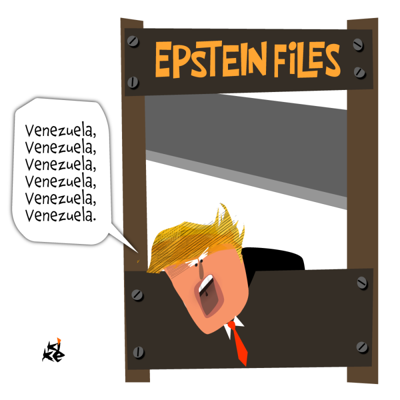 Cartoon showing Donald Trump with his head in a guillotine labeled 'Epstein files' while saying 'Venezuela, Venezuela, Venezuela, Venezuela, Venezuela'
