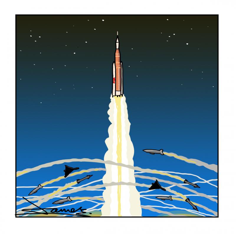 Cartoon showing the Artemis II rocket launching, and rising above other missiles that are not launched towards the moon, but towards each other.