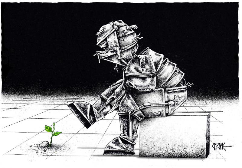 A robot sits on a block of concrete in a cemented landscape looking down a a plant that has managed to break through the floor tiles.