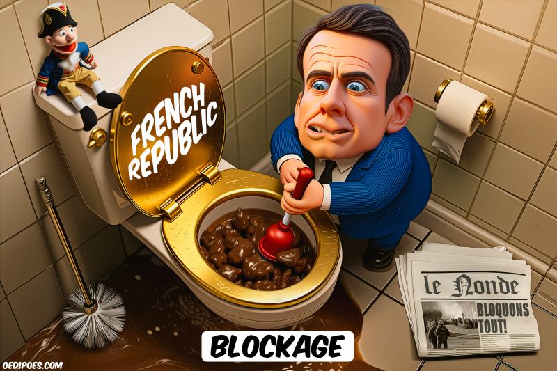 macron trying to unclog full toilet