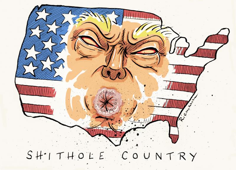 Cartoon showing Trump's face with an anus shaped mouth on the American flag.