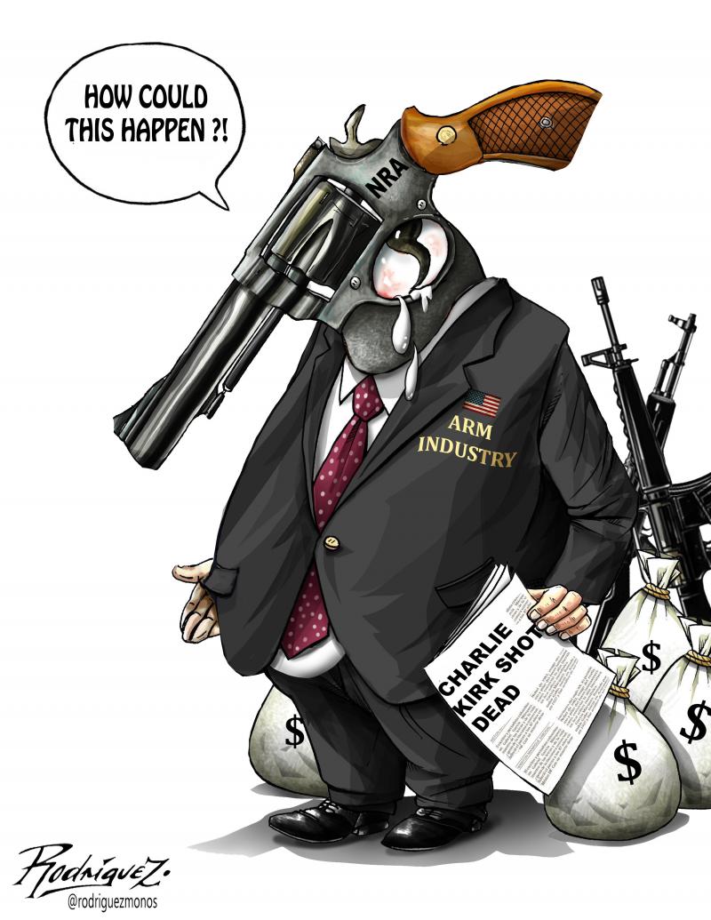 Cartoon showing a businessmen with a giant pistol instead of a head. His suit is labeled 'Arm business' and behind him is a pile of money bags. He is holding a newspaper with the headline 'Charlie Kirk shot dead' and says 'How could this happen?'