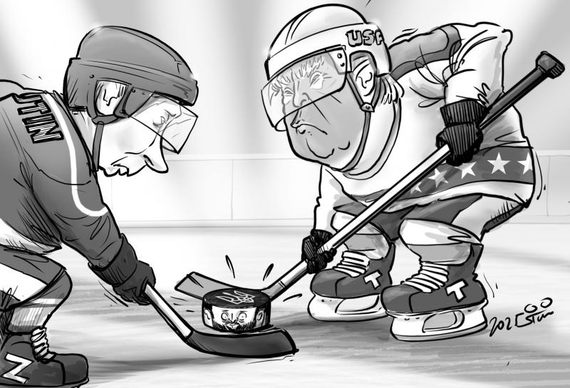 Donald Trump and Vladimir Putin playing Ice Hockey with a hockey puck looking a lot like Volodomyr Zelensky's face.