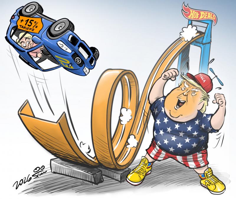 Trump launching an EU toy car down the Hot Wheels track.