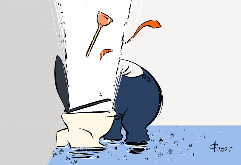 Cartoon "Strait worker of Hormuz" from the year 2026. A person in blue overalls is bent over a toilet from which a fountain of water is spraying upwards. The suggested room is underwater. A red tie and a plunger protrude from the white fountain.