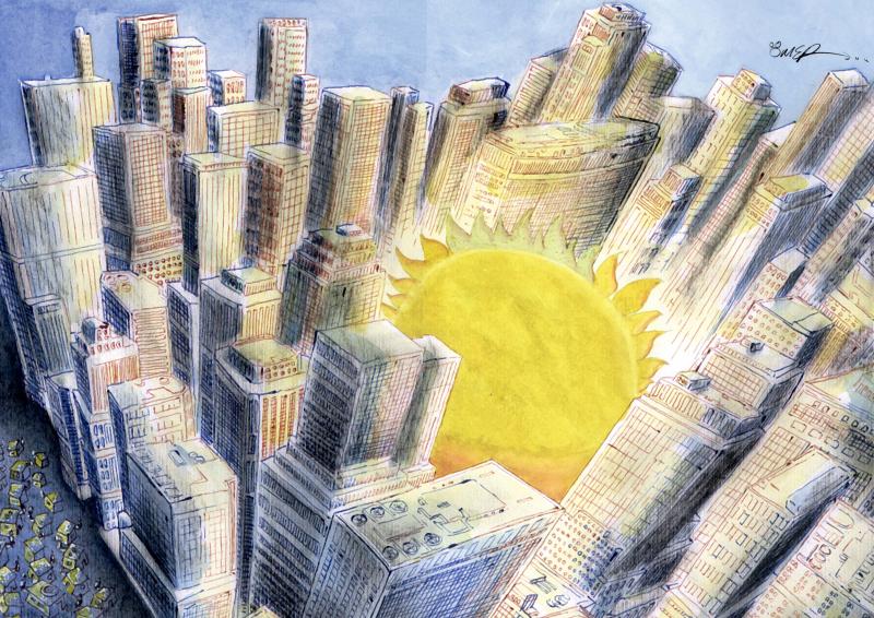 IT'S SO HOT...SO HOT... The sun has almost reached the middle of the city. 
