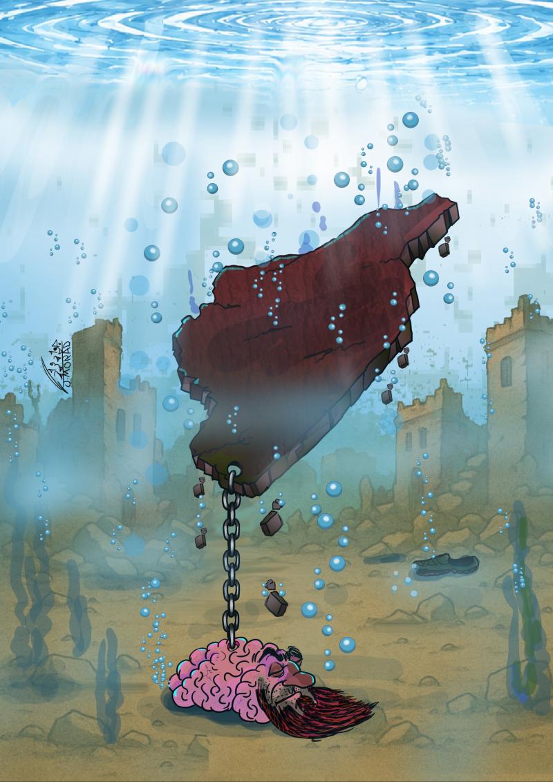 Cartoon showing the shape of the country Syria being held down underwater by a chain. The chain is connected to a weight at the bottom, which is in the shape of a brain with a face and a long beard.