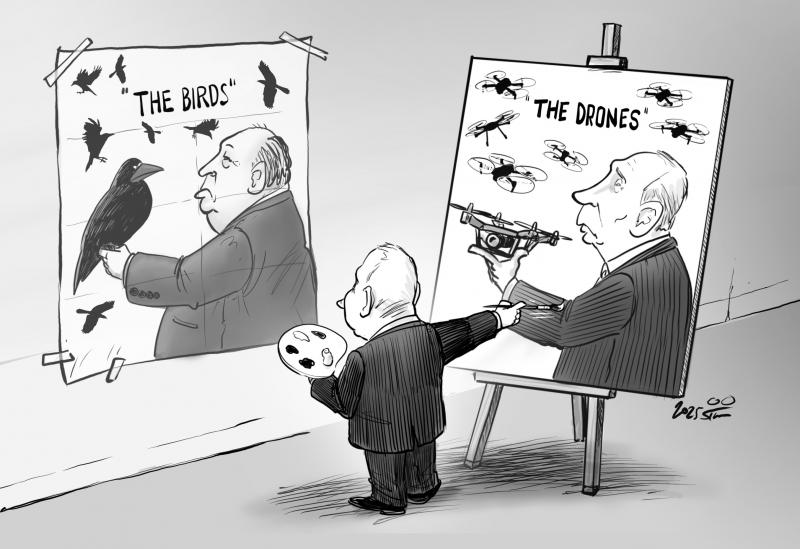 Vladimir Putin drawing a movie poster inspired by Hitchcock's The Birds. Instead, he uses the Drones