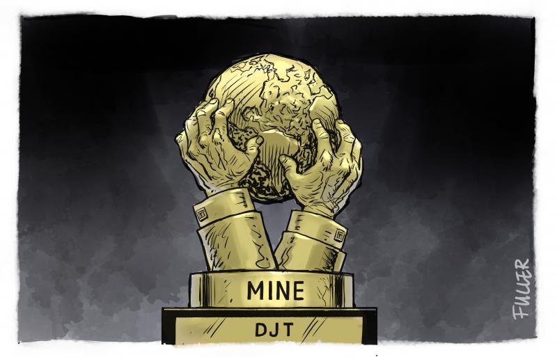Trump hands grabbing the globe