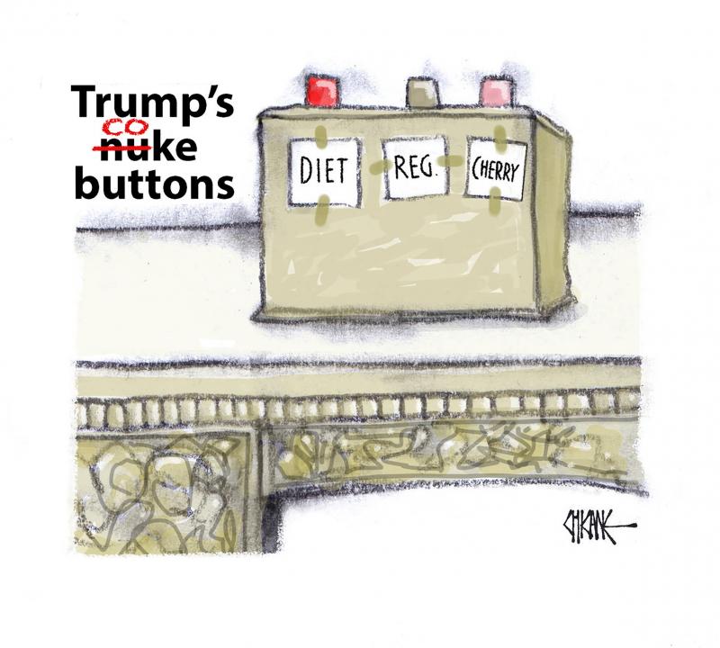 Replacing the Presidential 'nuke' button in the Oval Office during Trump's Presidency with 'coke' buttons, diet, regular and cherry.